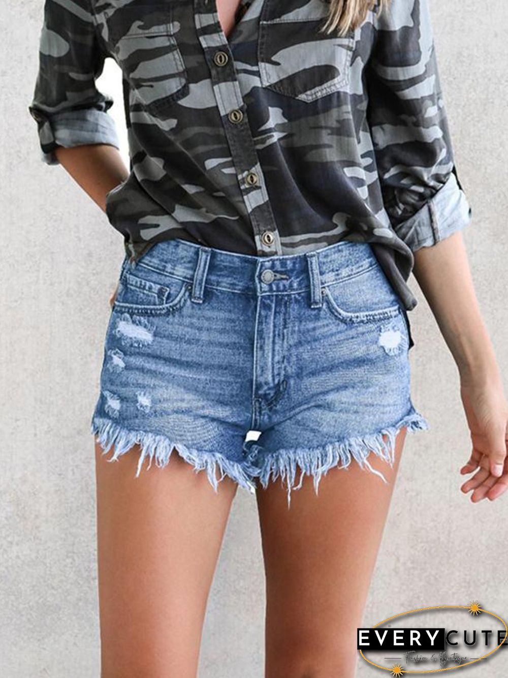 Ripped Fringed Stretch Denim Shorts P14394