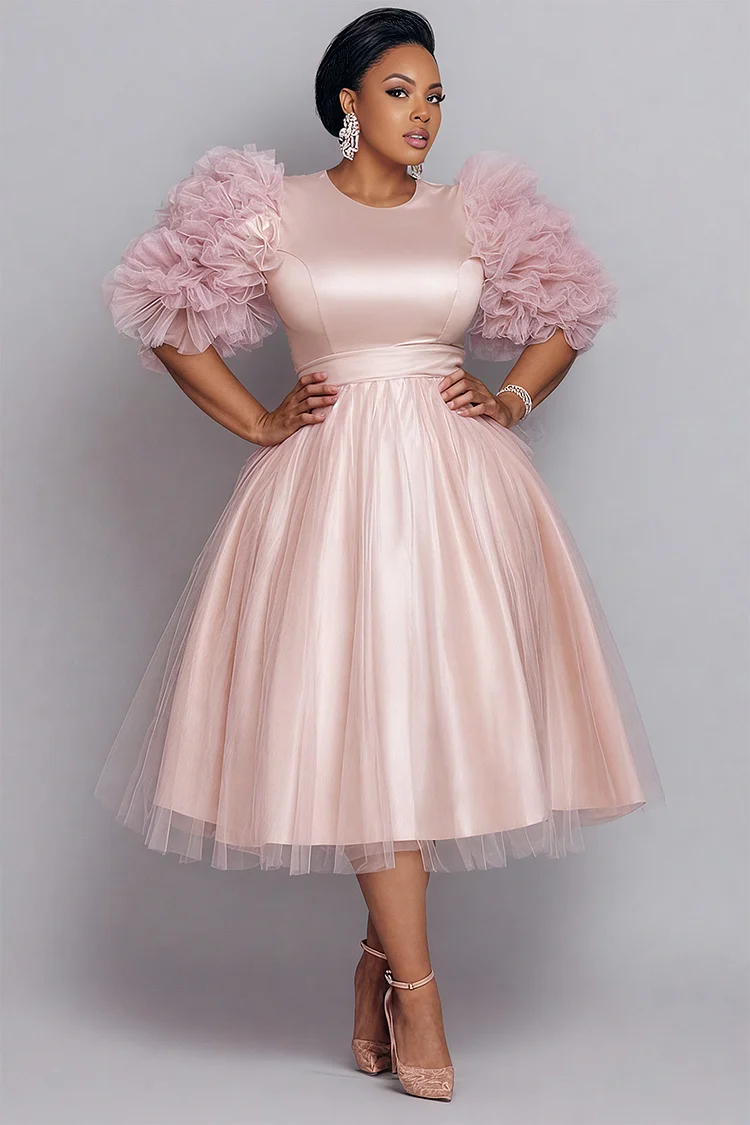 Xpluswear Design Plus Size Formal Tulle Pink Round Neck Long Sleeve Contrast Elegant 3D Satin Midi Dresses 2024 - Xpluswear