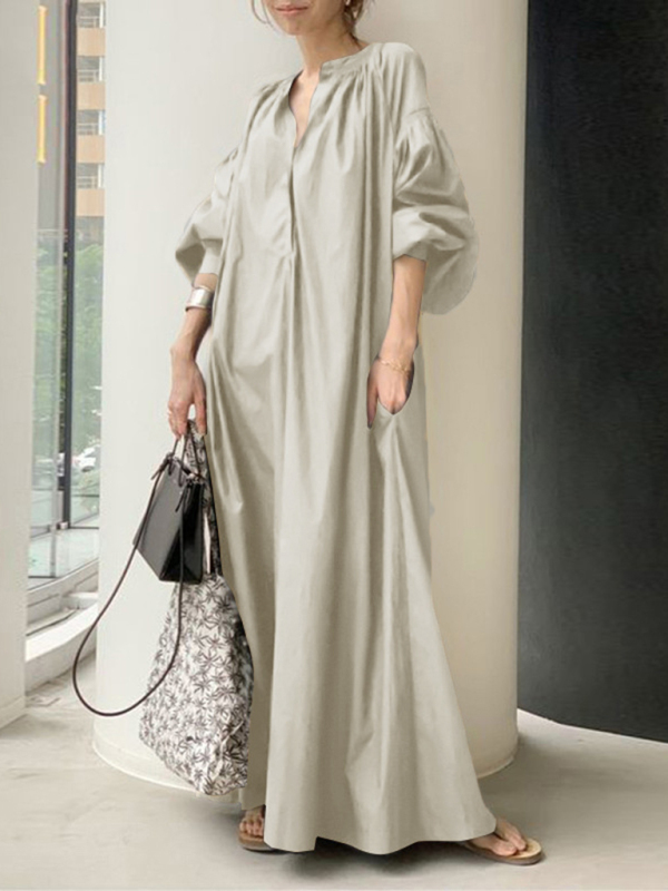 Mature Women Fashion Elegant Solid Color Balloon Sleeve Shirt Maxi Dress