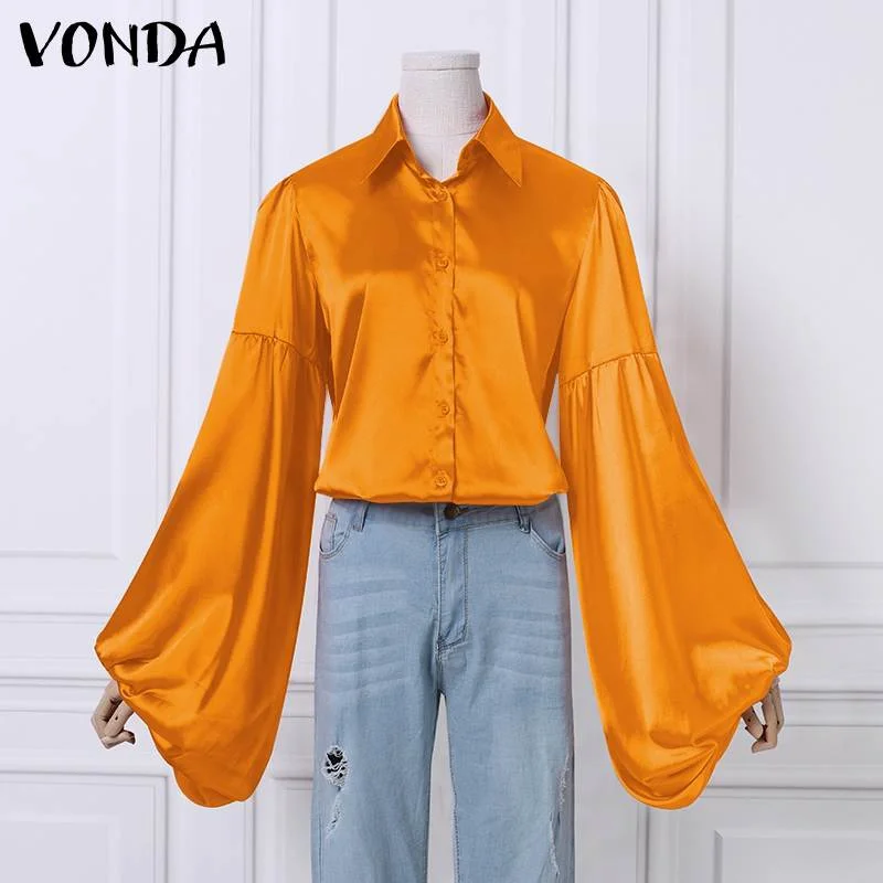 VONDA 2022 Ladies Office Blouse Elegant Puff Sleeve Blouse Spring Autumn Tops Blusas Femininas Casual Lapel Collar Shirts Femme