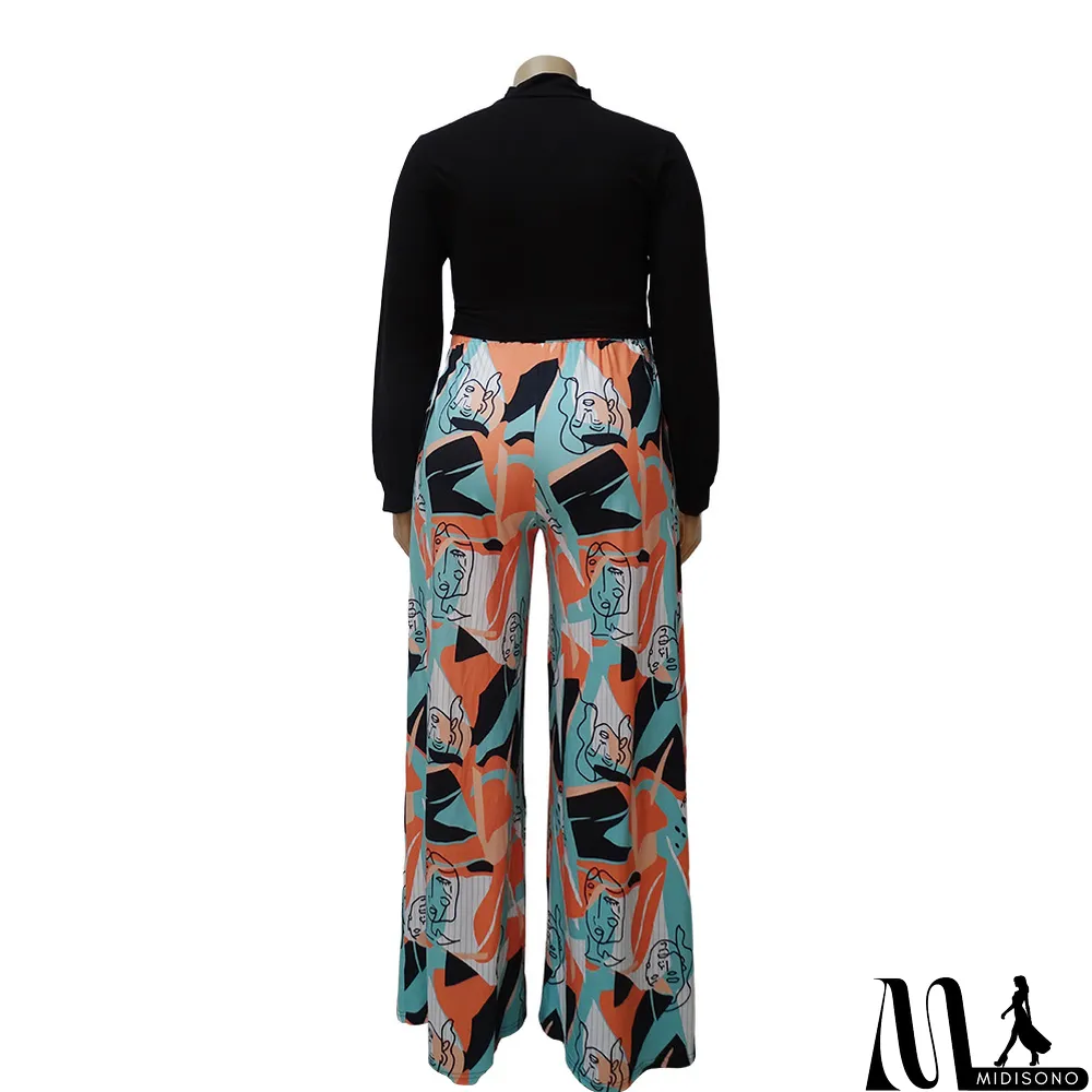 MidiSono - Casual Women'S Cutout Long Sleeve Top Pocket Print Wide Leg Pants Plus Size Fashion Casual Two Piece Pants Set