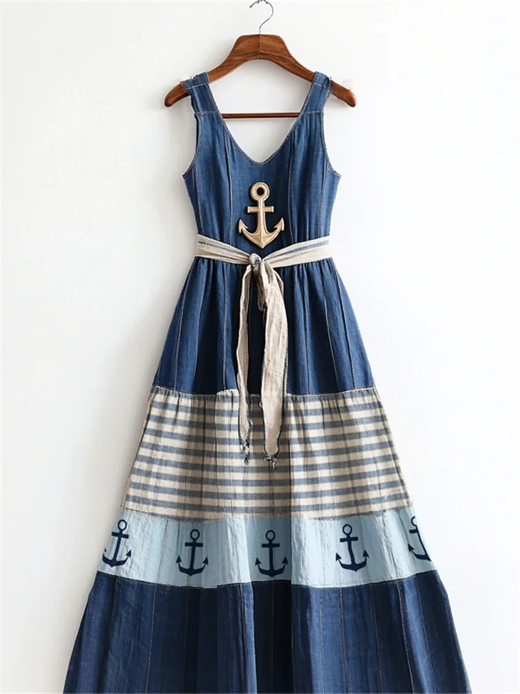 Simpfit Patchwork-Maxikleid aus Nachahmung aus Baumwolle und Leinen im nautischen Stil mit Ankern
