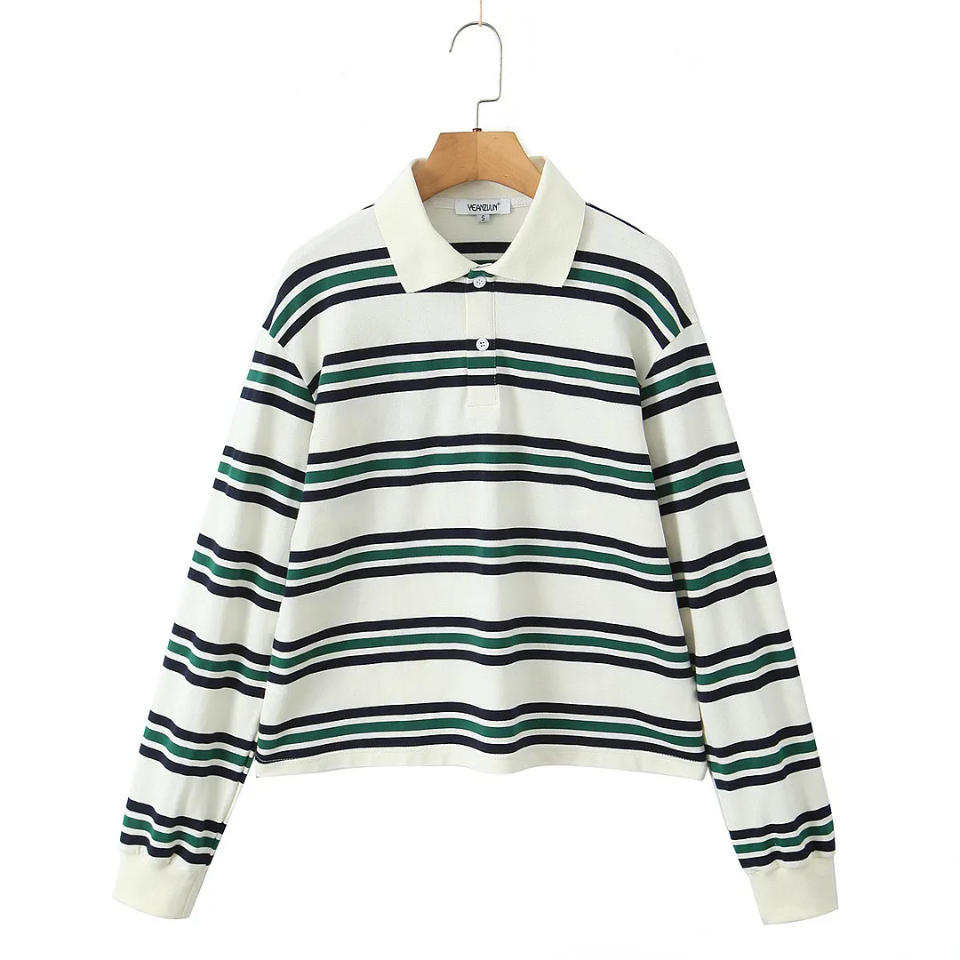 Nigikala Nigikala Autumn New Women's College Style Bumpy Horizontal Striped POLO Shirt Long-Sleeved T-Shirt Girl