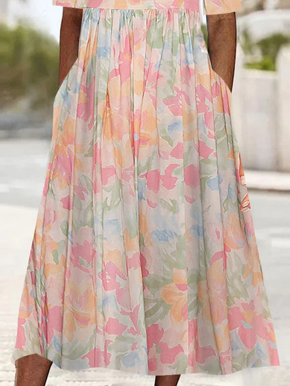 Women Half Sleeve V-neck Solid Color Dress