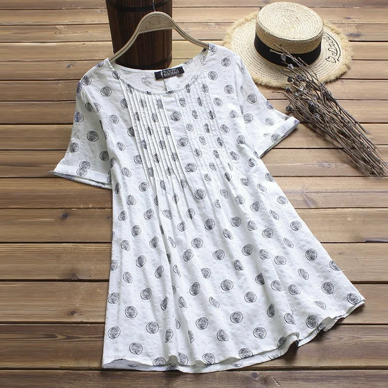 S- 2021 Summer ZANZEA Women O Neck Short Sleeve Polka Dot Blouse Casual Loose Cotton Linen Work Shirt Pleated Top Blusas