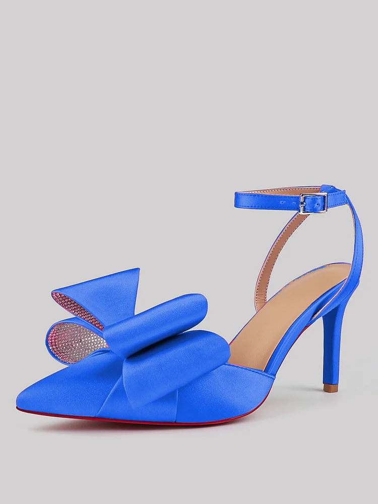 80mm Women's Red Bottom Pointed Toe Slingback Sandals Diamond Bows Buckle Patent Stiletto Satin Heels
