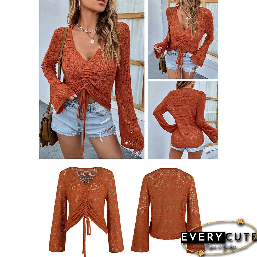 Rust Red V Neck Hollow-out Drawstring Crop Sweater