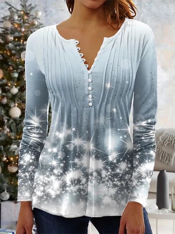 Women's Long Sleeve V-neck Graphic Buttons Christmas Top