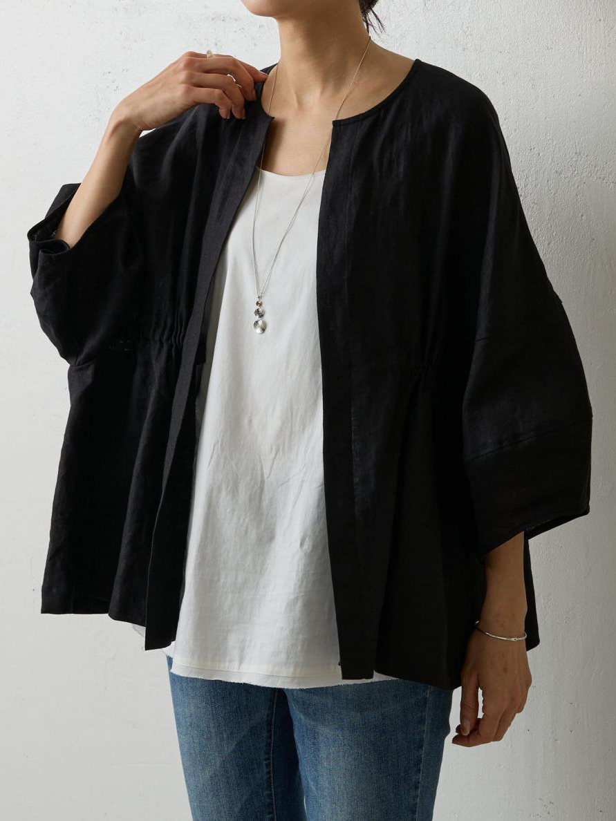 Three Quarter Sleeve Ruched Detail Solid Color Linen Coat