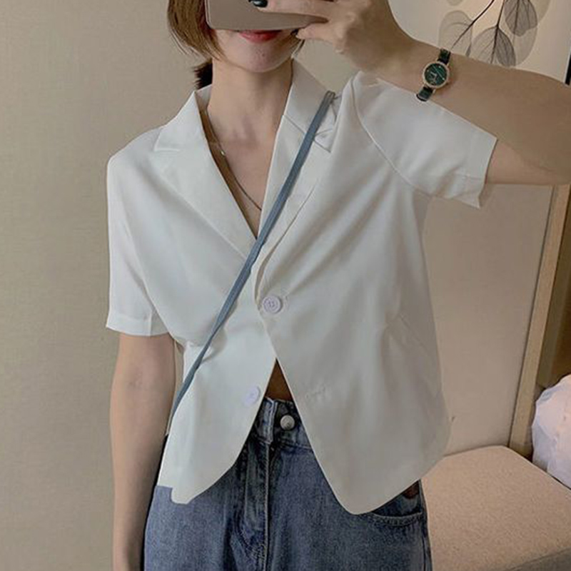 Wimdaily fall hiking outfits for women Summer Thin Cropped Suit Jackets Women Chic Lapel Neck Short Sleeve Blazer Woman Solid Color Streetwear Outwear Tops Female 2025