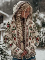 Women's Vintage Ethnic Floral And Celtic Knot Art Zipper Hooded Sweater