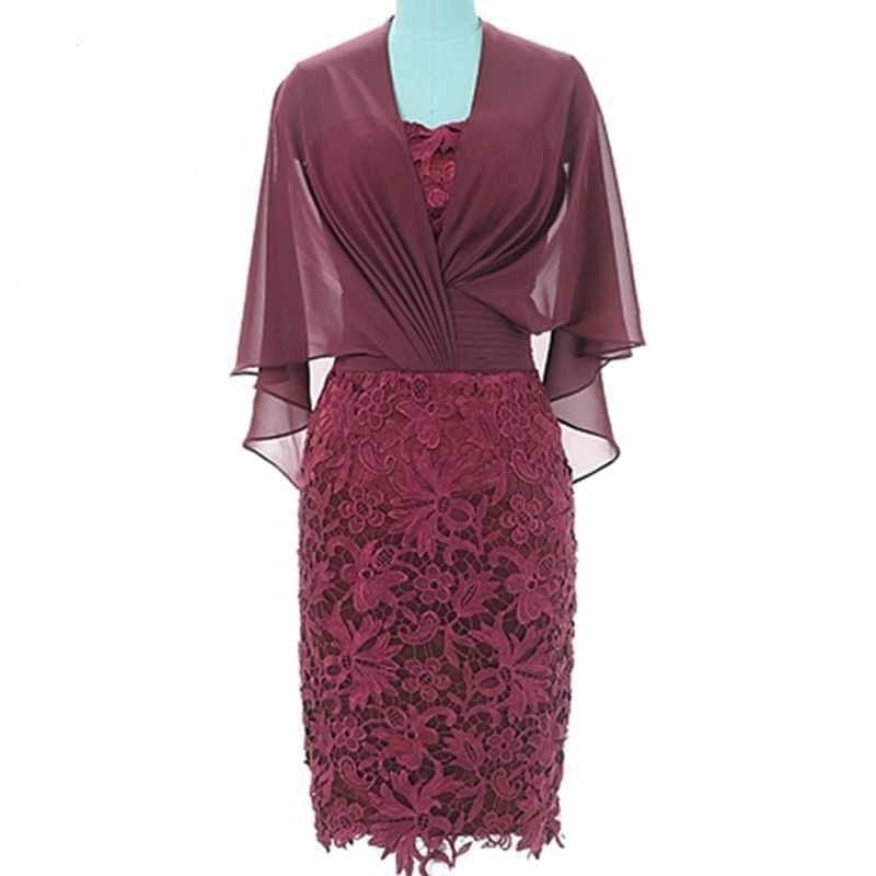 Elegant Lace Cape Half Sleeve Knee Length Mother of The Bride Dress