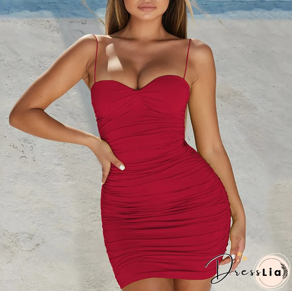 Flattering Sweetheart Neckline Ruched Bodycon Spaghetti Tight Dress