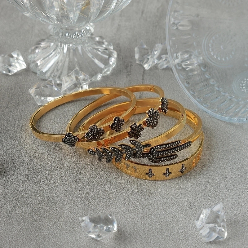 Elegant Streetwear Commute Cactus Cross Flower 304 Stainless Steel 14K Gold Plated Zircon Bangle In Bulk