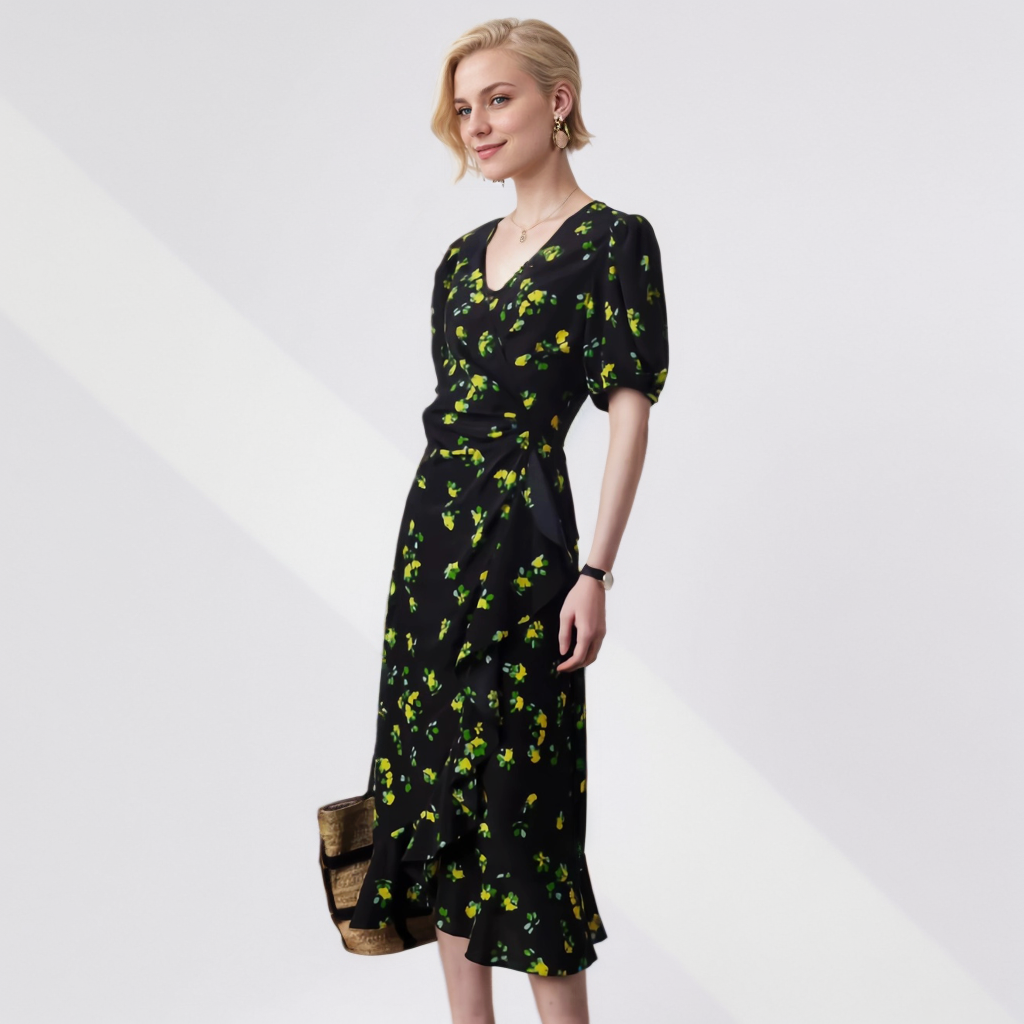 Silk Floral Print Dress V neck For Vacation REAL SILK LIFE