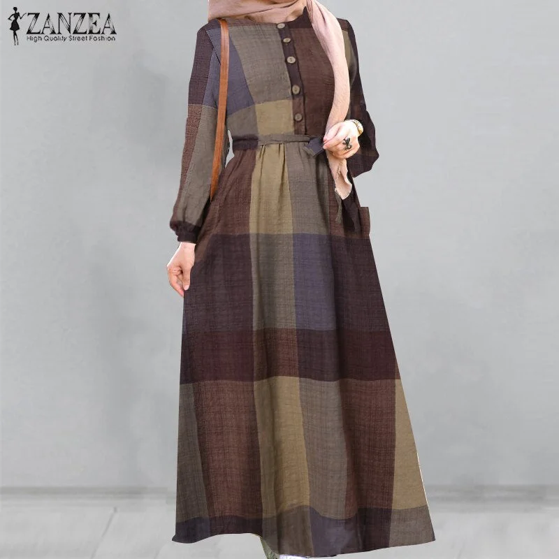 Retro Floral Printed Maxi Dress Women's Autumn Sundress 2022 ZANZEA Muslim Dresses Female Belted Oversized Long Vestido Robe