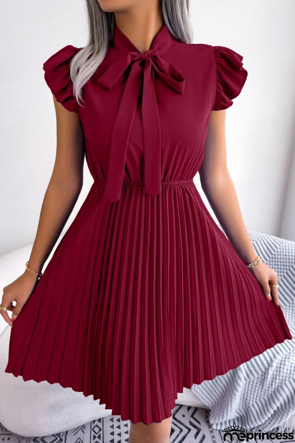 Tie Neck Butterfly Sleeve Pleated Dress