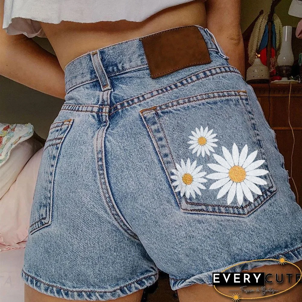 Casual Sunflower Embroidered Denim Shorts