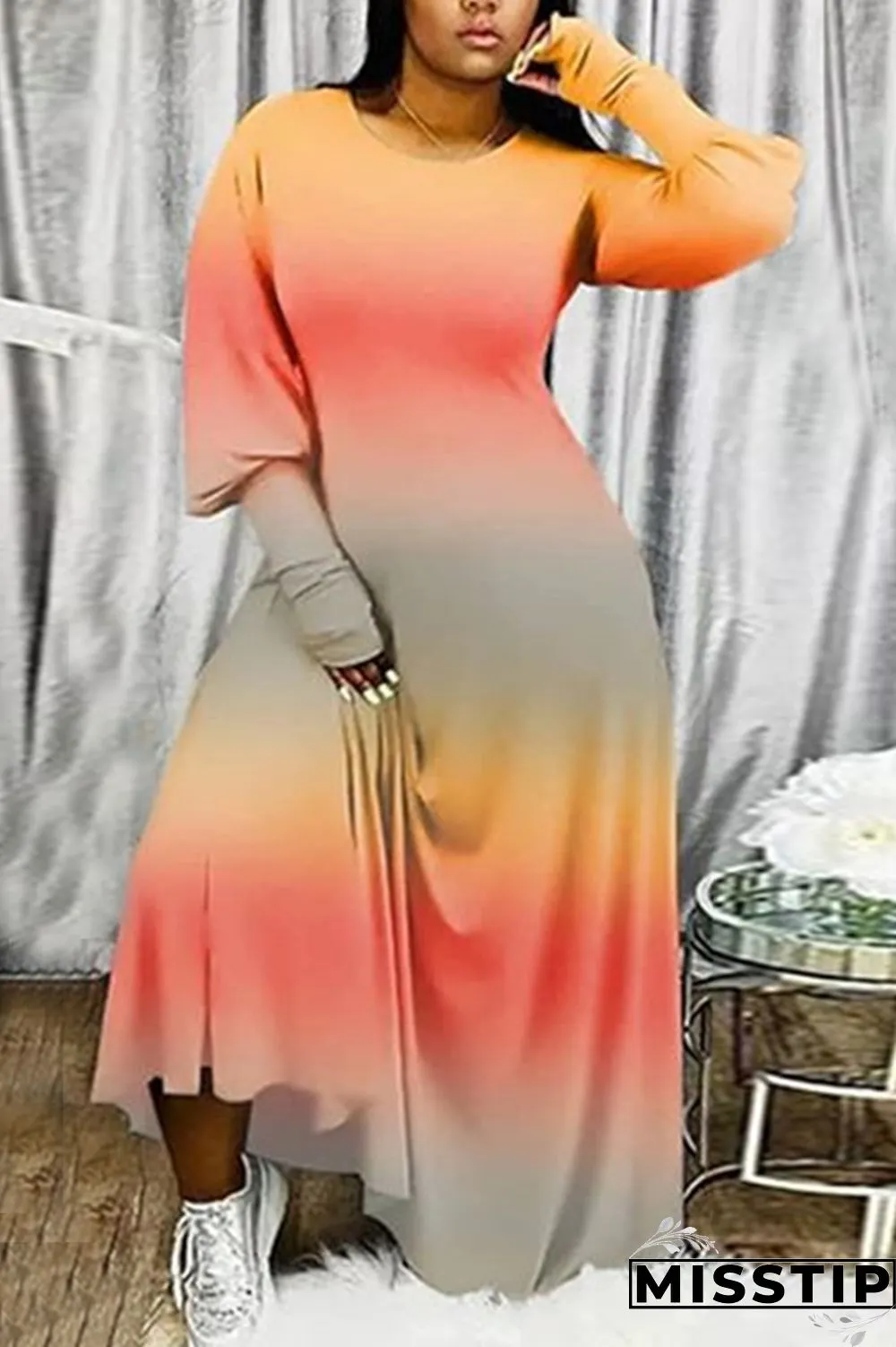 Orange Sexy Milk Fiber Print Tie-dye O Neck Plus Size