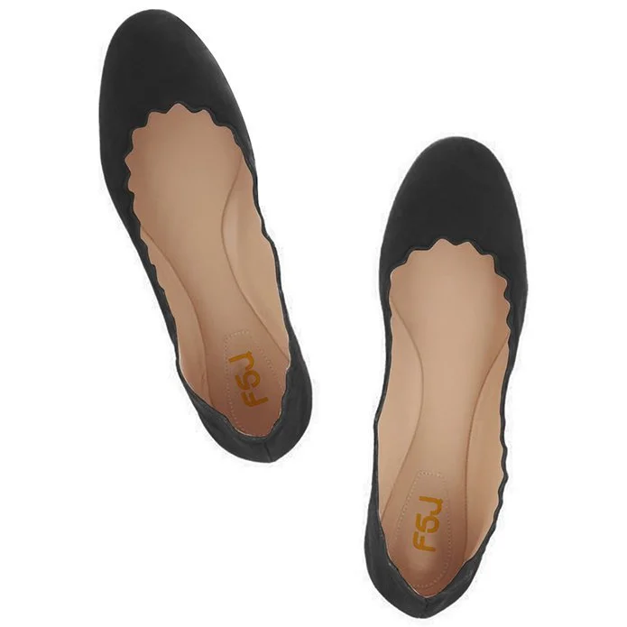 Comfortable Round Toe Flats in Black Suede Vdcoo