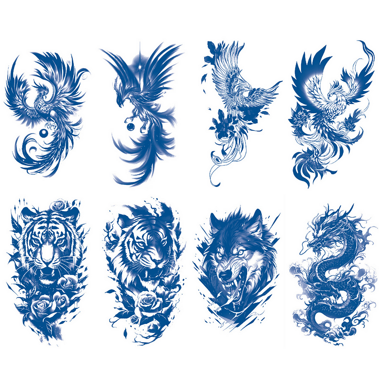 8 Sheets Chinese Phoenix Tiger Wolf Dragon Half Arm Juice Ink Semi-Permanent Tattoo Lasts 15 days