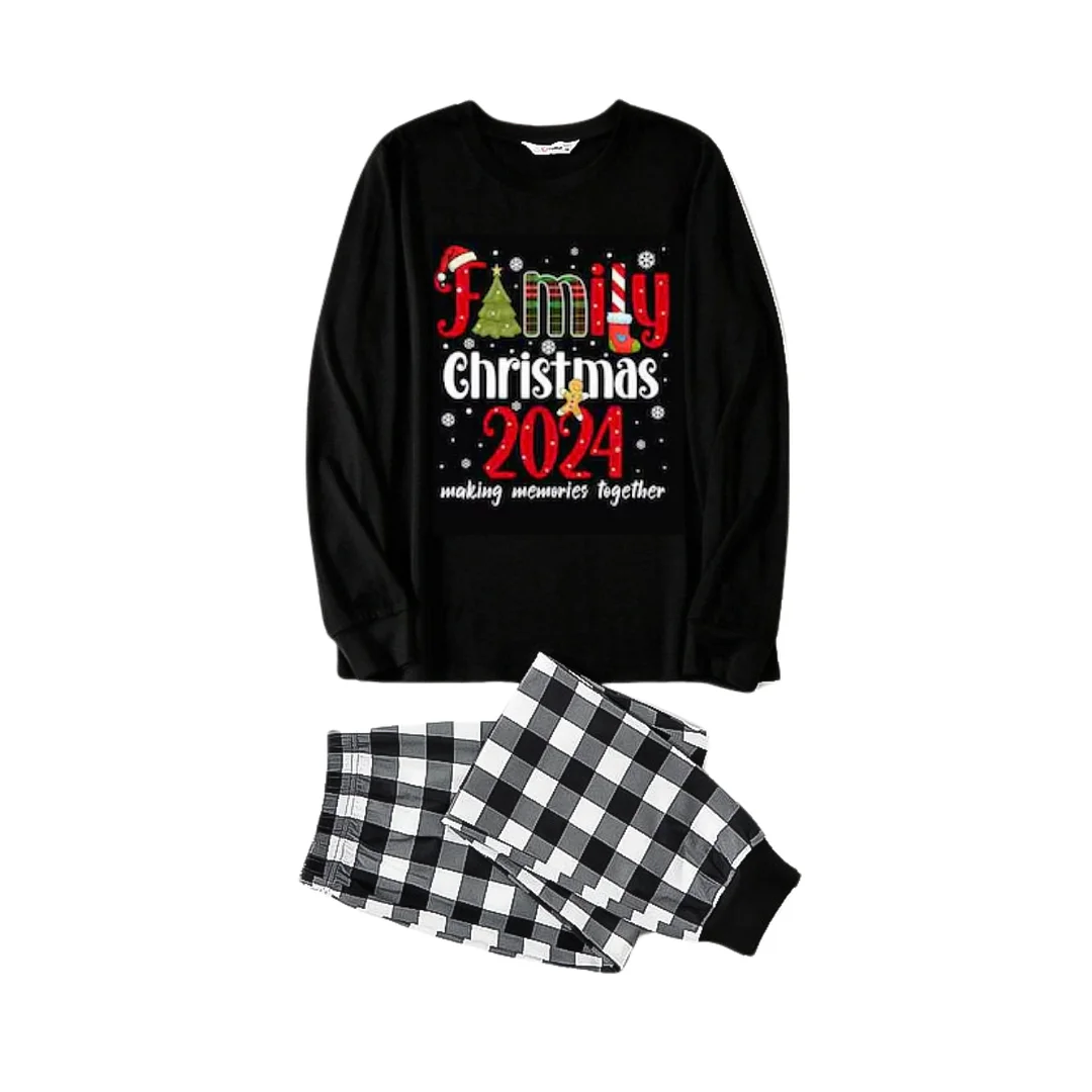Cute "Family Christmas 2024" Text Print Black and White Plaid Family Matching Pajamas