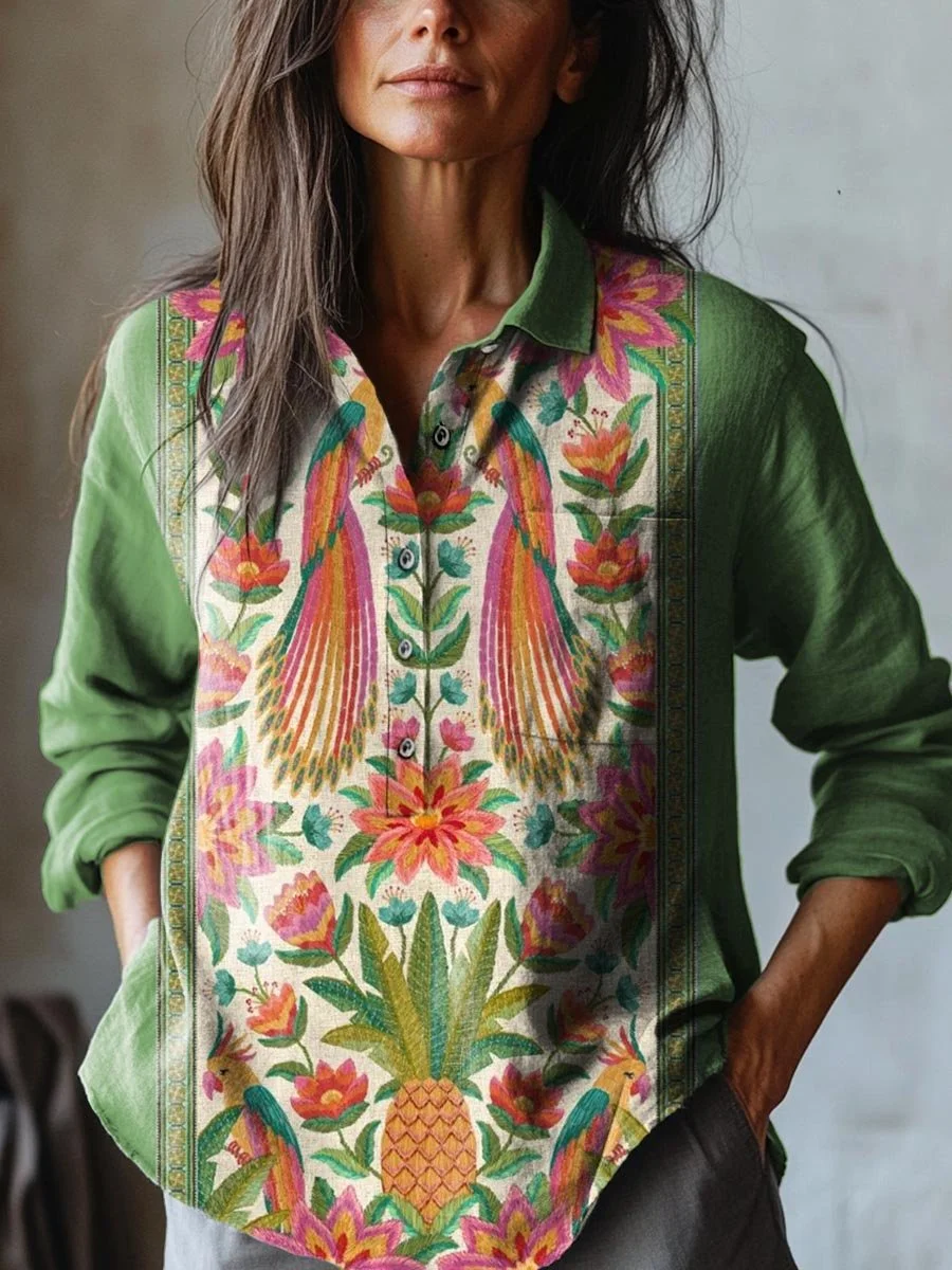 Women's Vintage Lovely Floral Birds Art Print Casual Cotton And Linen Shirt