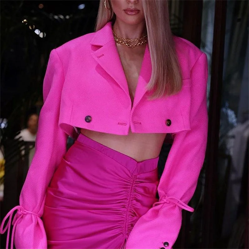 Yimunancy Women Blazer V Neck Long Sleeve Cropped Blazer 2021 Autumn Chic Button  Lace Up Turn-down Collar Outwear