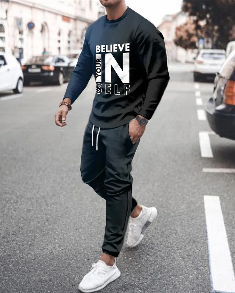 Men's Fashion Dark Blue Letter Printing Long-sleeved Suit