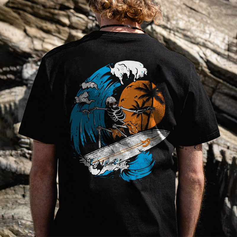 Men Casual Surf Skeleton Print T-Shirt