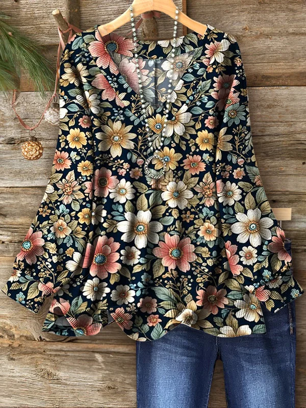 Romantic Floral Waffle V-Neck Top