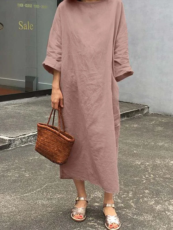 Women Half Sleeve V-neck Solid Color Dress