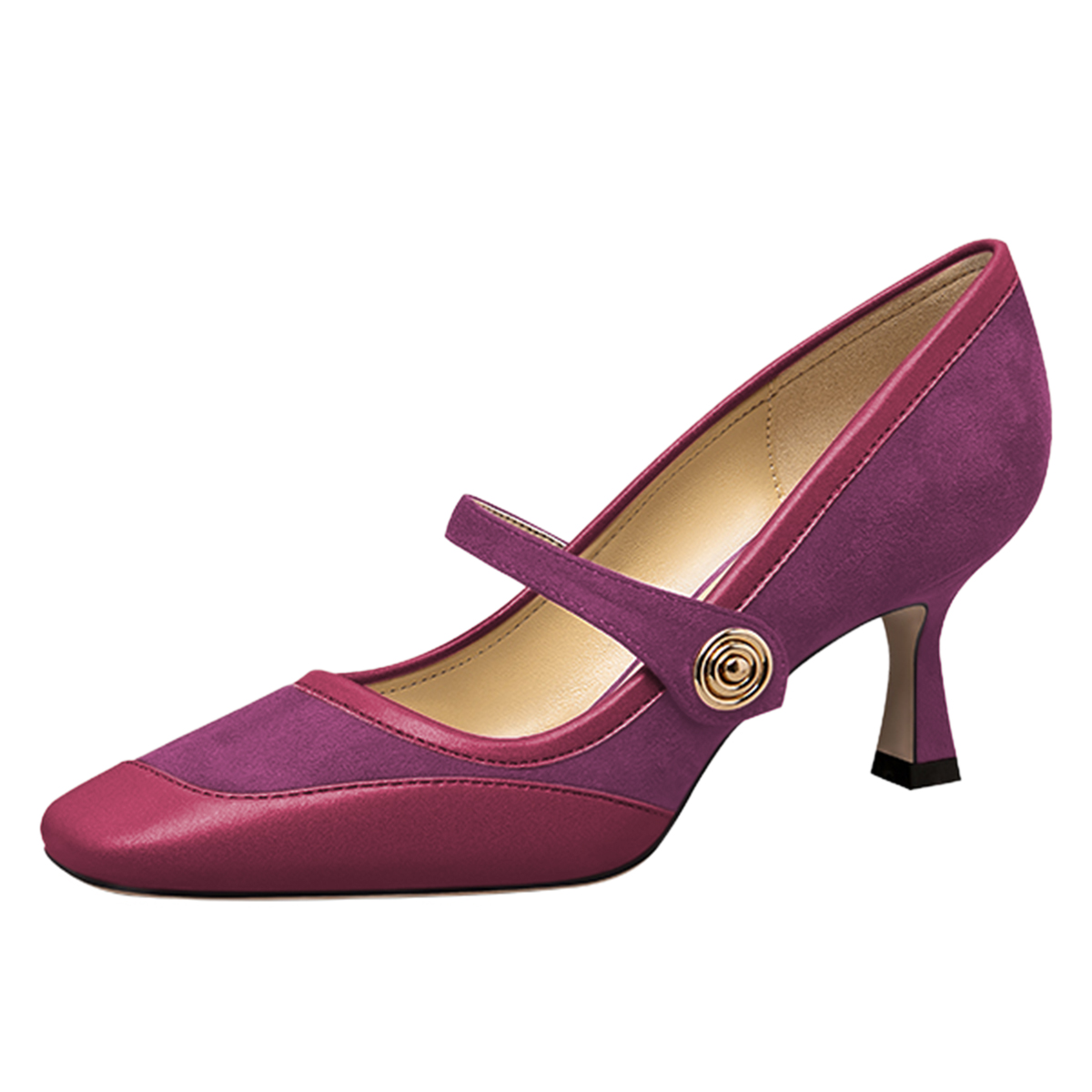 Purple & Maroon Square Toe Kitten Heel Buckled Strap Mary Jane Shoes Nicepairs