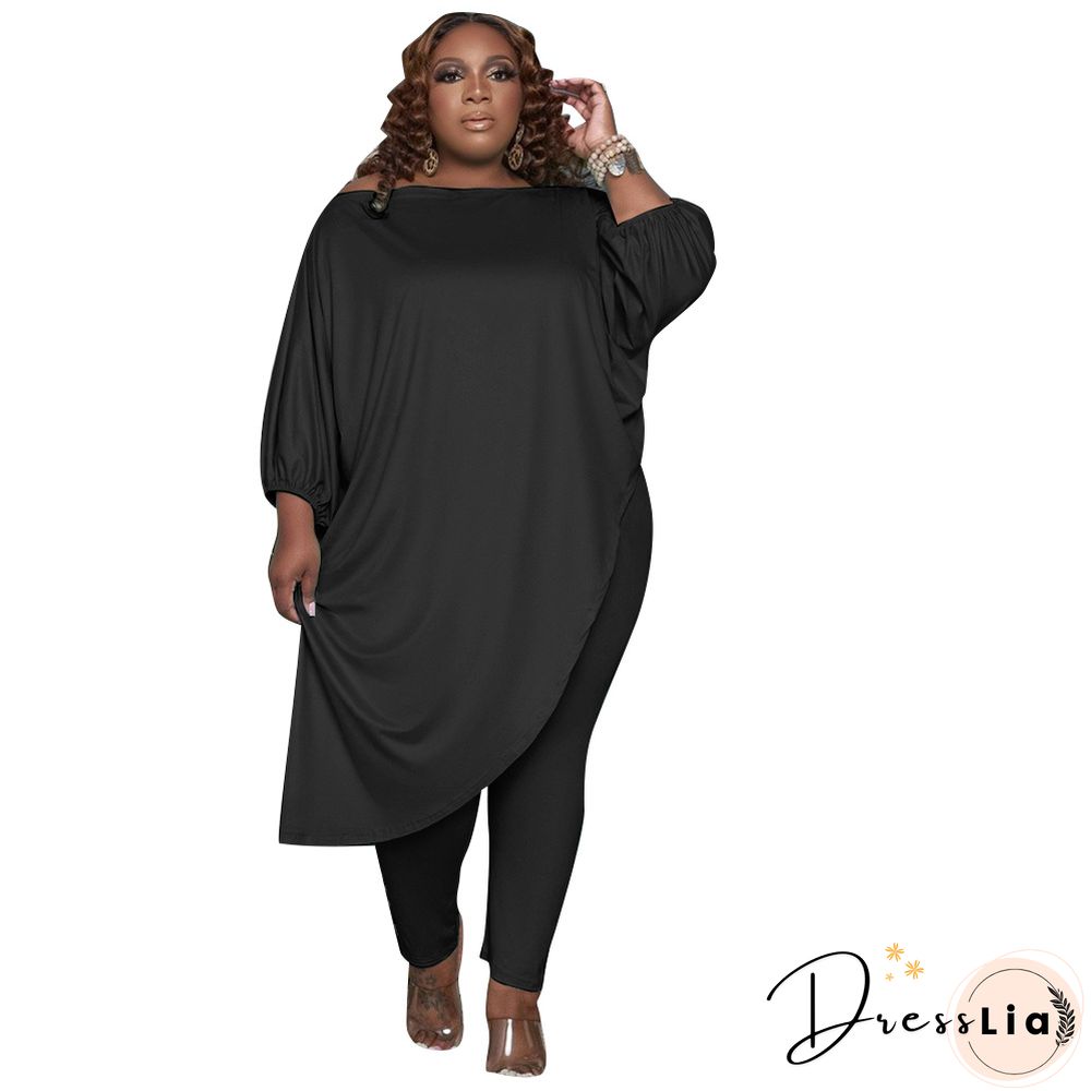 Plus Size Summer Clothes Solid Color Half Sleeve Slant Shoulder Loose Long T Shirt Top Pants 2 Piece Set