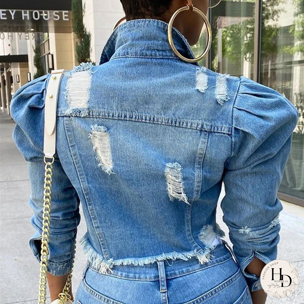 Women's Fashion Short Denim Jacket Puff Sleeve Denim Jacket