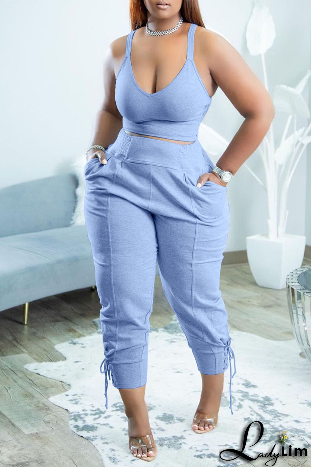 Dark Blue Casual Solid Split Joint Spaghetti Strap Sleeveless Two Pieces