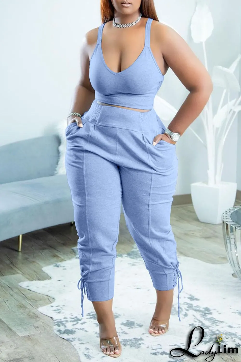 Dark Blue Casual Solid Split Joint Spaghetti Strap Sleeveless Two Pieces