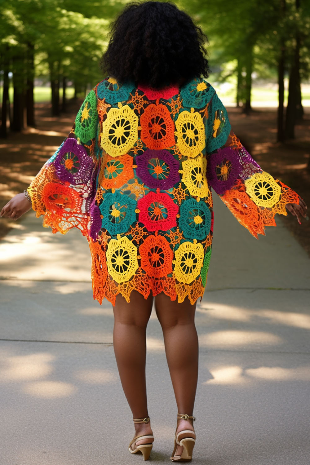 Design Plus Size Beach Cover Ups Casual Multicolor Colorblock Spring Summer Long Sleeve Crochet Cover Ups [Pre-Order]
