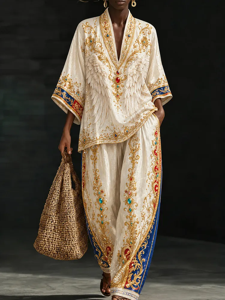 Luxury Baroque Angel Wing  Two-Piece Set &ndash; Elegant Boho Resort Caftan Outfit with Gold & Gemstone Detailing