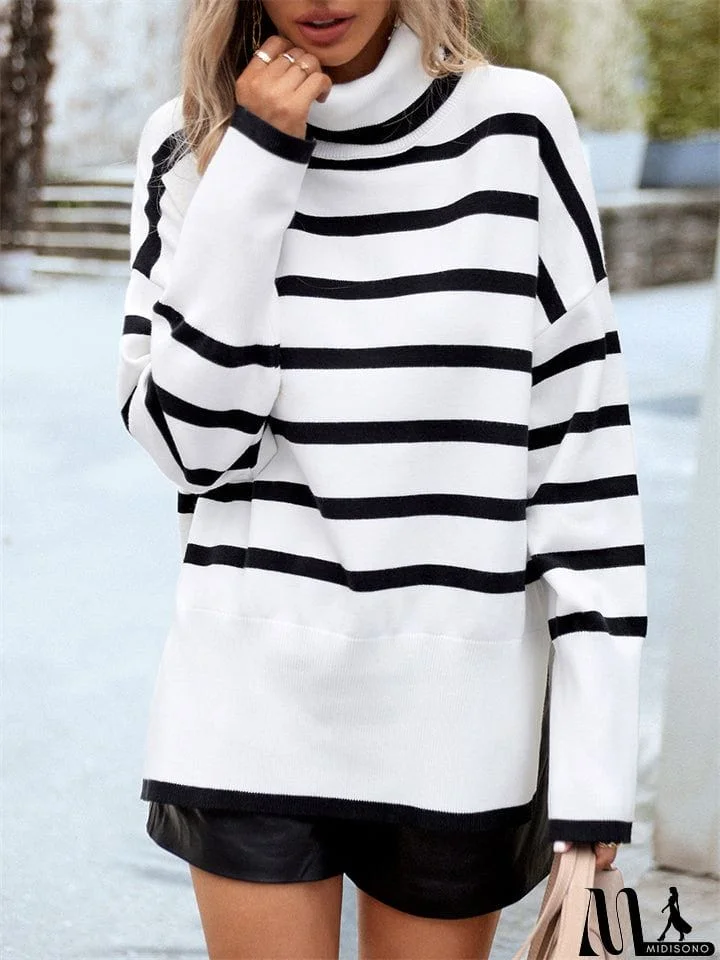 MidiSono - Stylish Turtleneck Striped Knitwear Sweater for Ladies