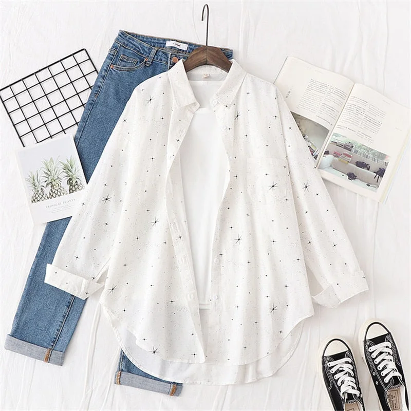 Women Blouses Shirts Tunic Womens Tops And Blouses 2020 Womenswear Long Sleeve Clothing Button Up Down White Star New Fashion