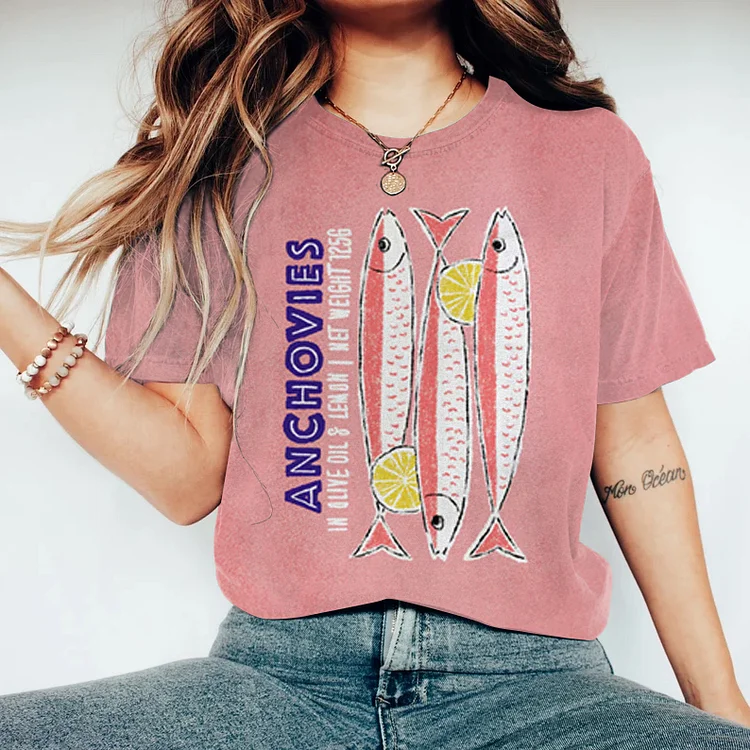 Women's Sardines  Painting Casual Cotton Blend T-Shirt