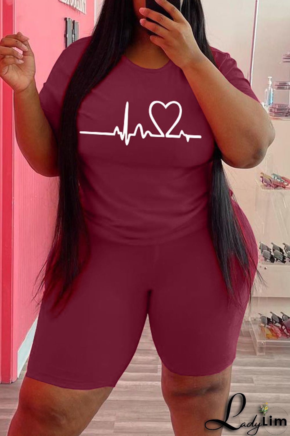 Black Fashion Casual Print Basic O Neck Plus Size Two Pieces