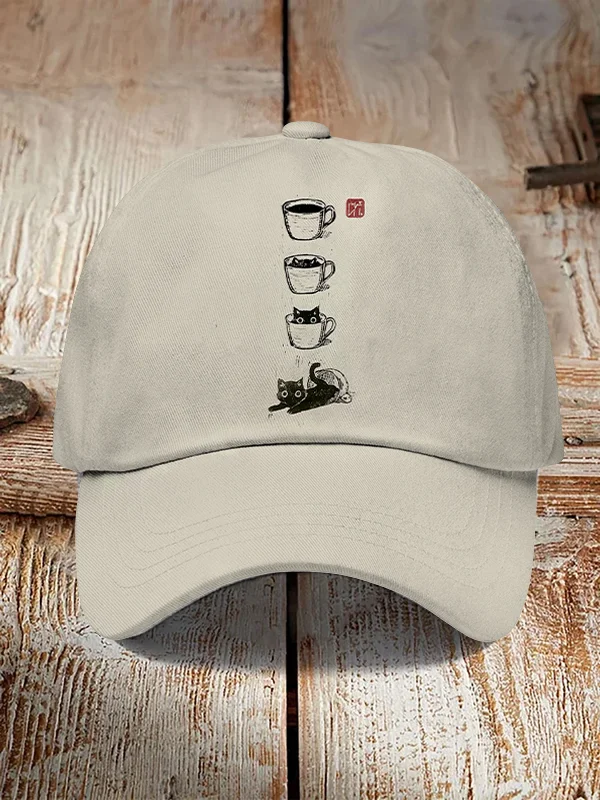 Men's Cat Coffee Cup Japanese Art Painting Print Baseball Cap