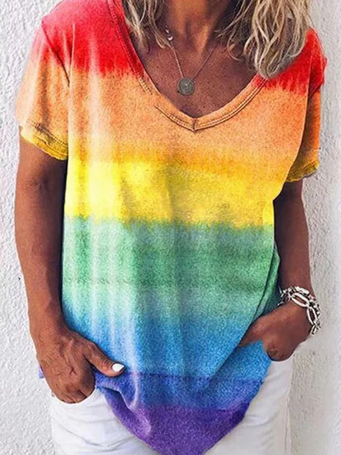 Women's Bright and Colourful Rainbow V-Neck Tee socialshop