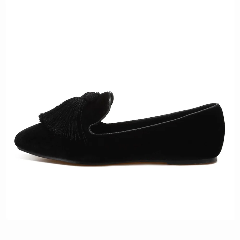 YDN Black Velvet Round Toe Tassels Flat Loafer Shoes Women