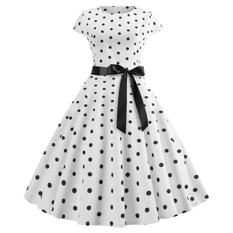 Short Sleeve Polka Dot Summer Dress Women White Elegant A-line Midi Party Dress Vestidos 50s 60s Rockabilly Vintage Dress