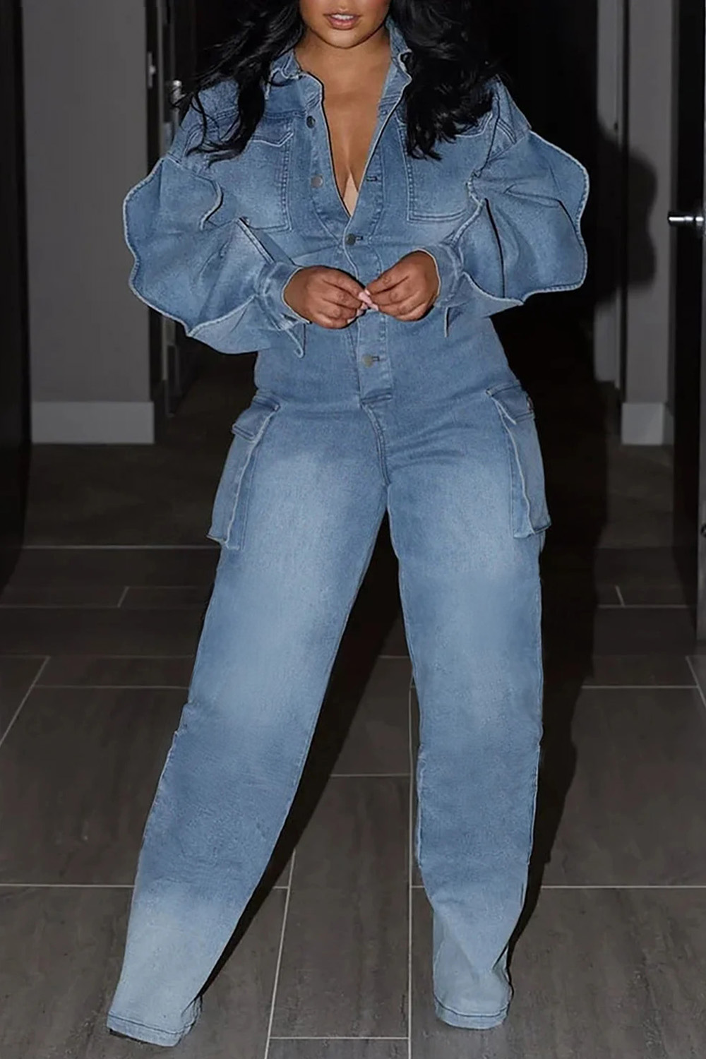 Plus Size Daily Jumpsuit Light Blue Denim Long Sleeve Cargo Jumpsuit With Pocket