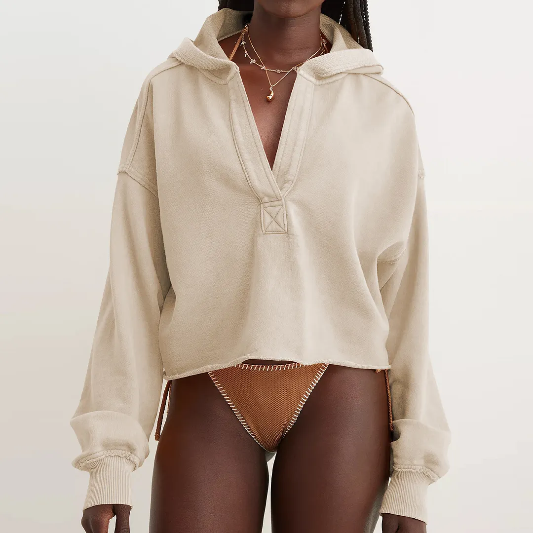 Women's Vintage Washed Hoodie Half Zip Cropped Oversized Hoodie Casual Women Sweatshirt