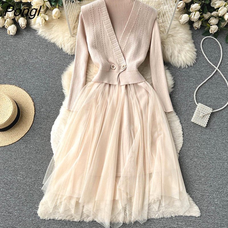 Pongl Women Autumn Winter Dress Fake Two-piece Mesh Stitching Long-sleeved Knitted Dress Long-sleeved Sweater Dress Fairy Dress D2014